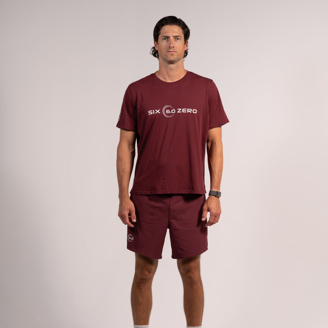 Mens Basic Short Sleeve Cotton Tee Burgundy with White Logo