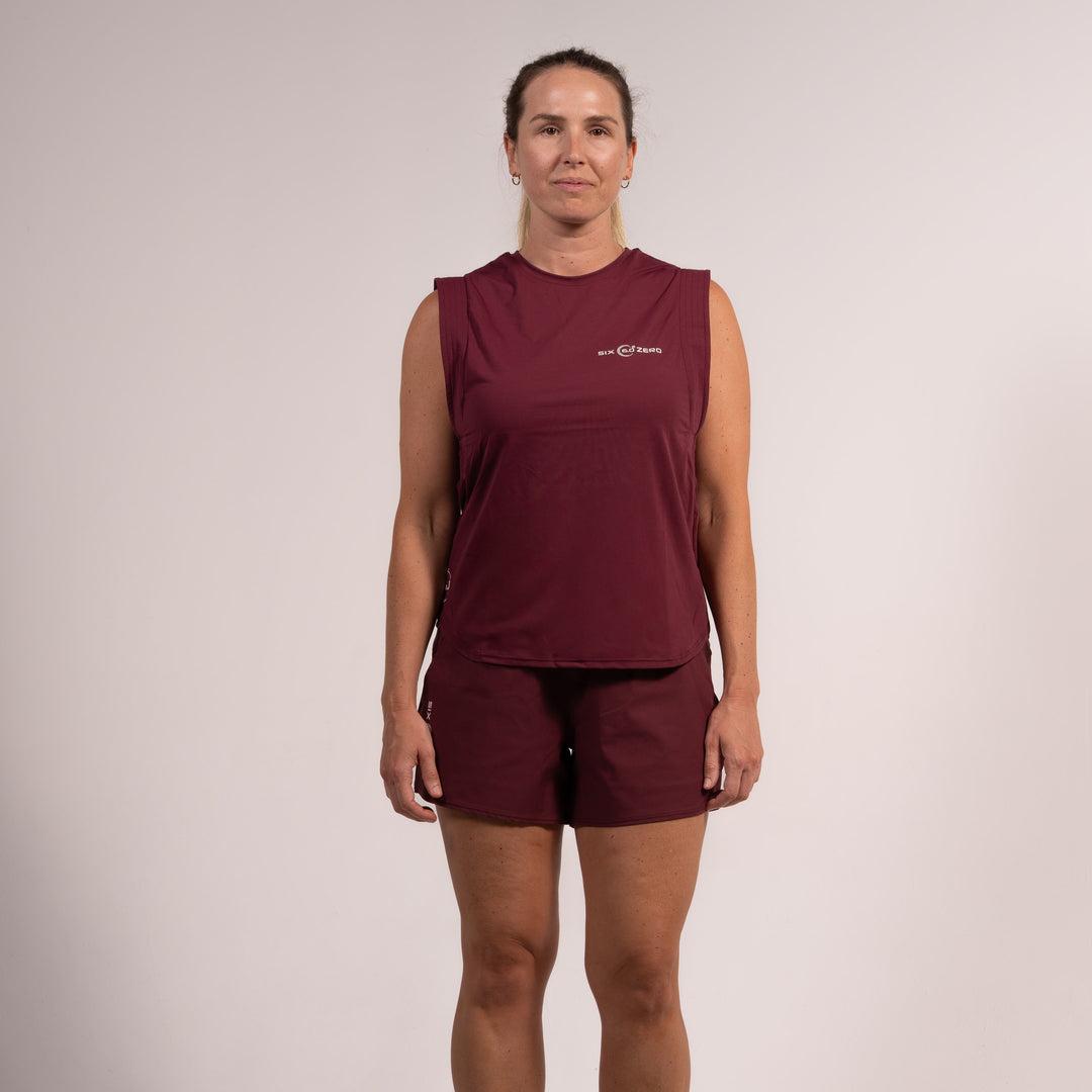 Womens Performance Split Power Tee Burgundy with White Logo