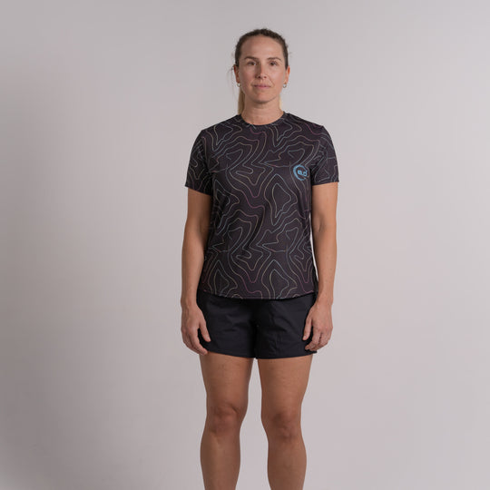 Womens Performance Active Tee Air Mesh Opal Opal Black Print with Blue Logo