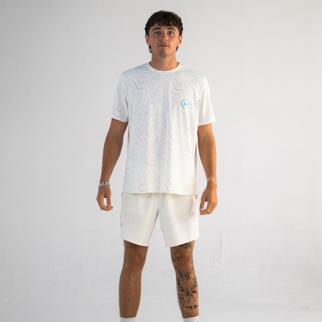 Mens Performance Active Tee Air Mesh Opal Opal White Print with Blue Logo